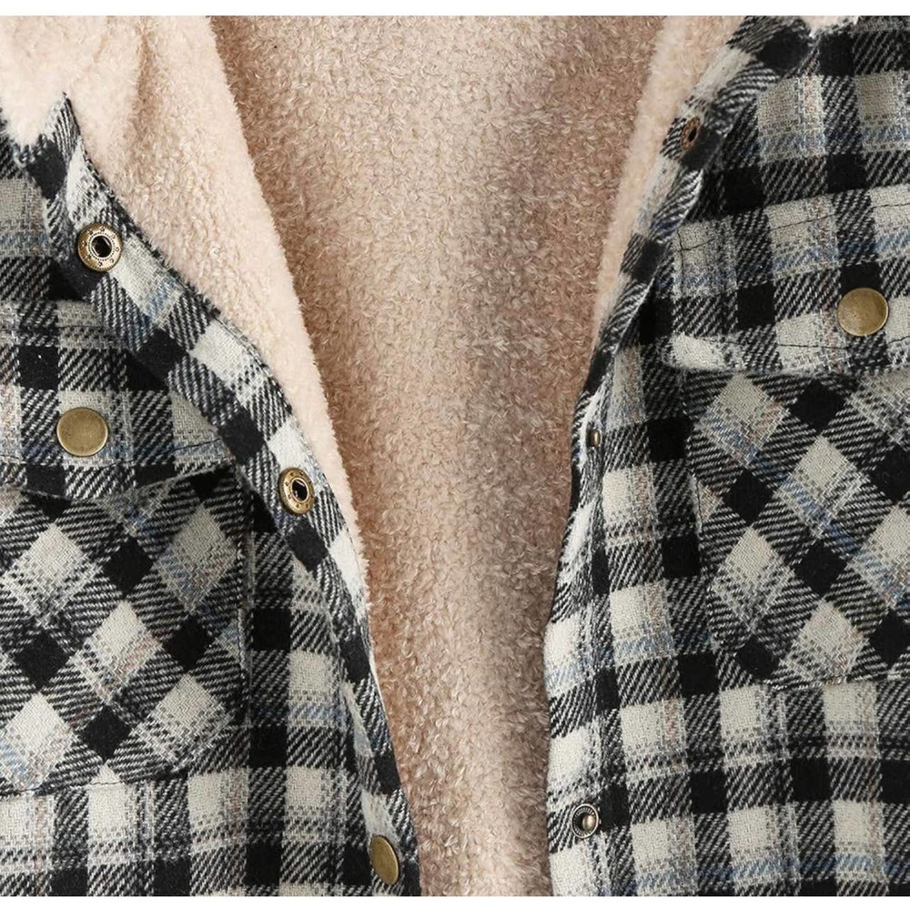 ZAFUL Women's Plaid Fleece Lined Hooded Jacket Button Up Oversized Flannel - Picture 5 of 6